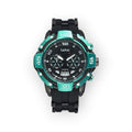 Reloj cronógrafo deportivo LOTO COMPANY Magnum 2544 con caja verde y negra, esfera detallada y correa de silicona.