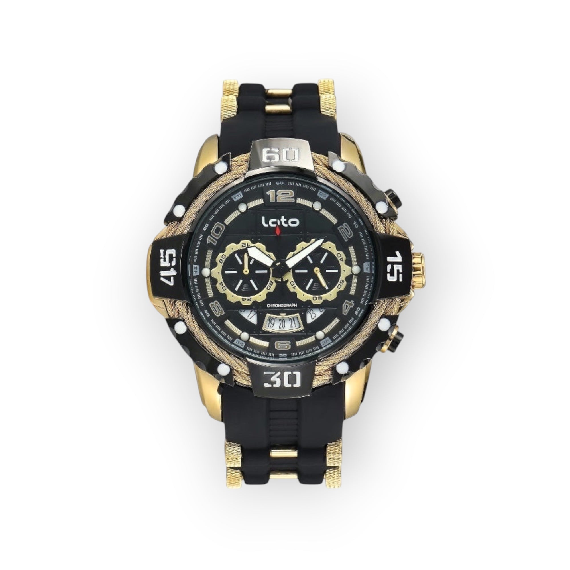 Reloj cronógrafo deportivo LOTO COMPANY Magnum 2544, esfera negra con detalles dorados y correa de silicona negra.