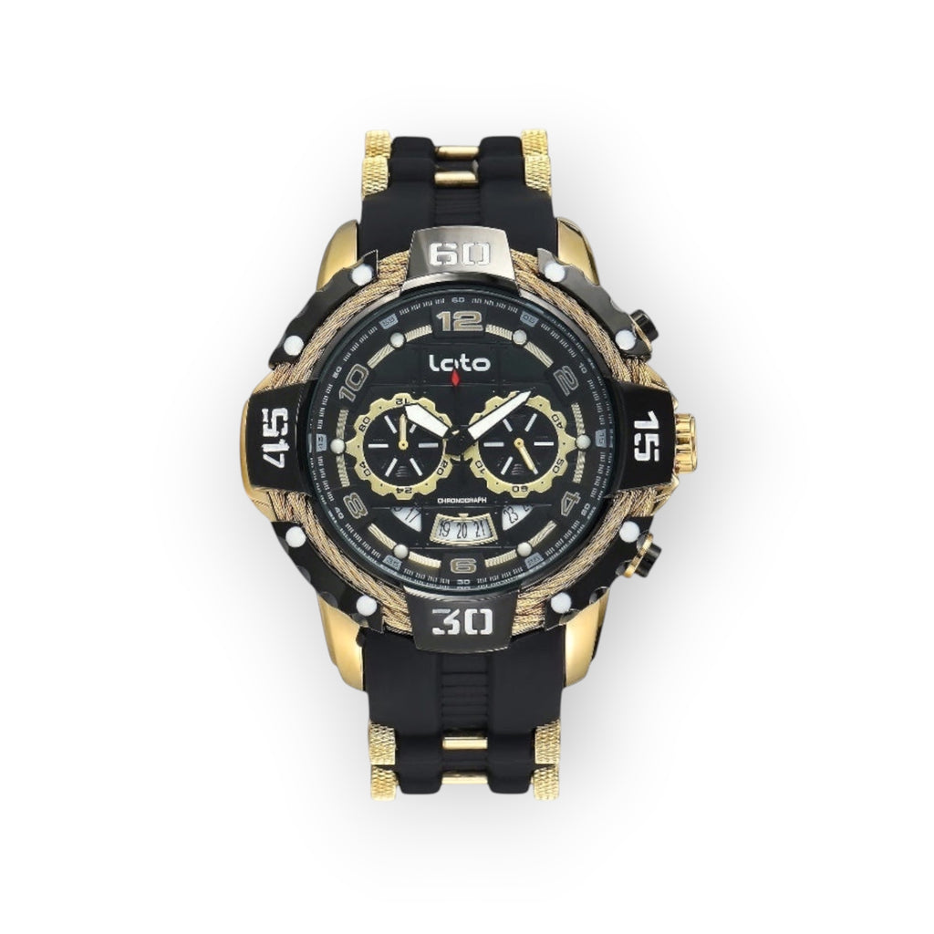 Reloj cronógrafo deportivo LOTO COMPANY Magnum 2544, esfera negra con detalles dorados y correa de silicona negra.