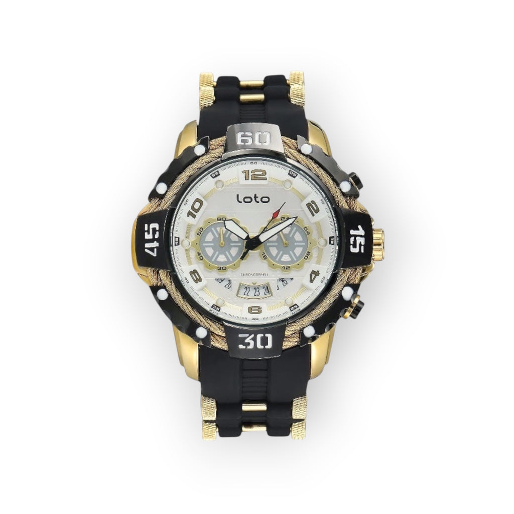 Reloj cronógrafo deportivo LOTO COMPANY Magnum 2544 con caja dorada, esfera blanca y correa de silicona negra.
