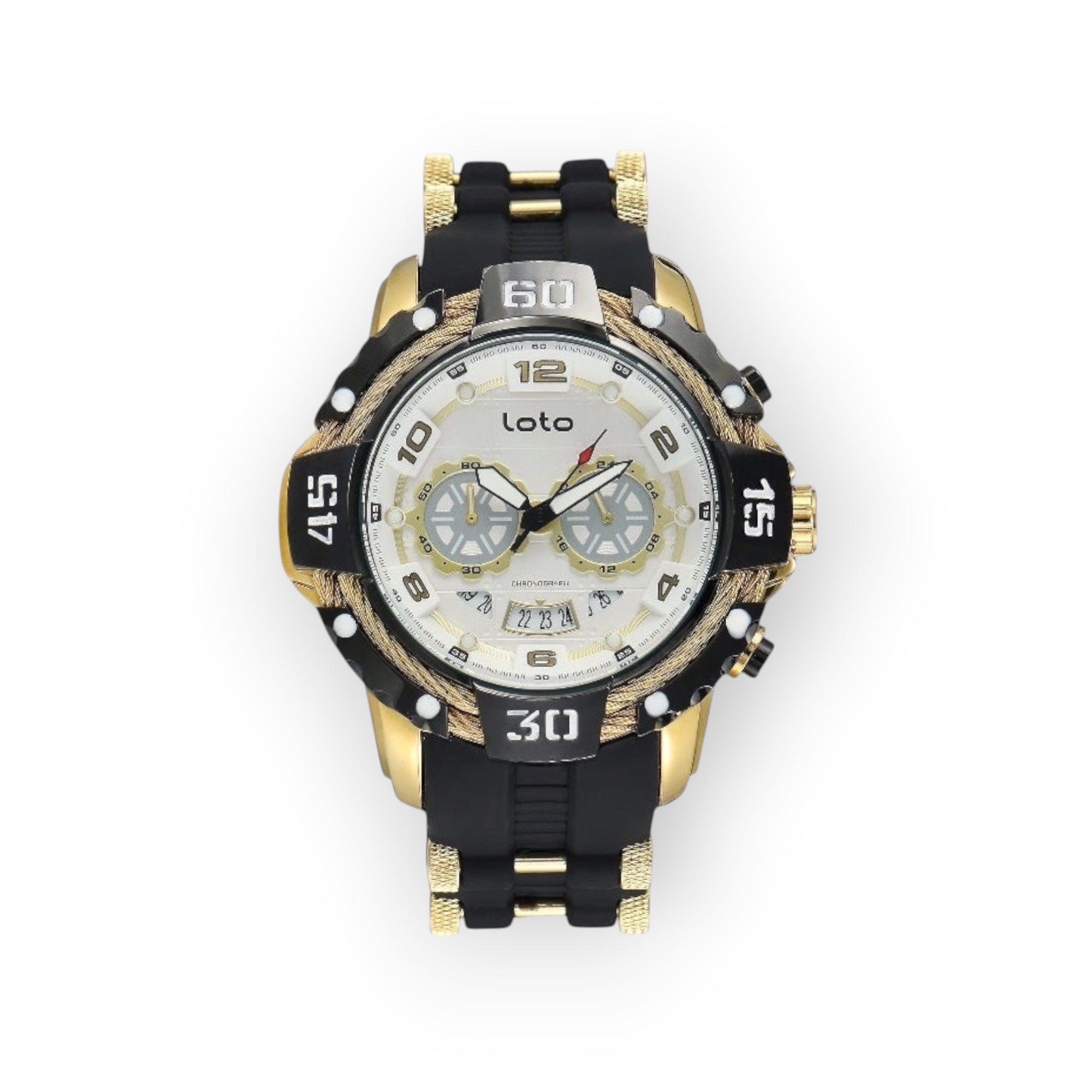 Reloj cronógrafo deportivo LOTO COMPANY Magnum 2544 con caja dorada, esfera blanca y correa de silicona negra.