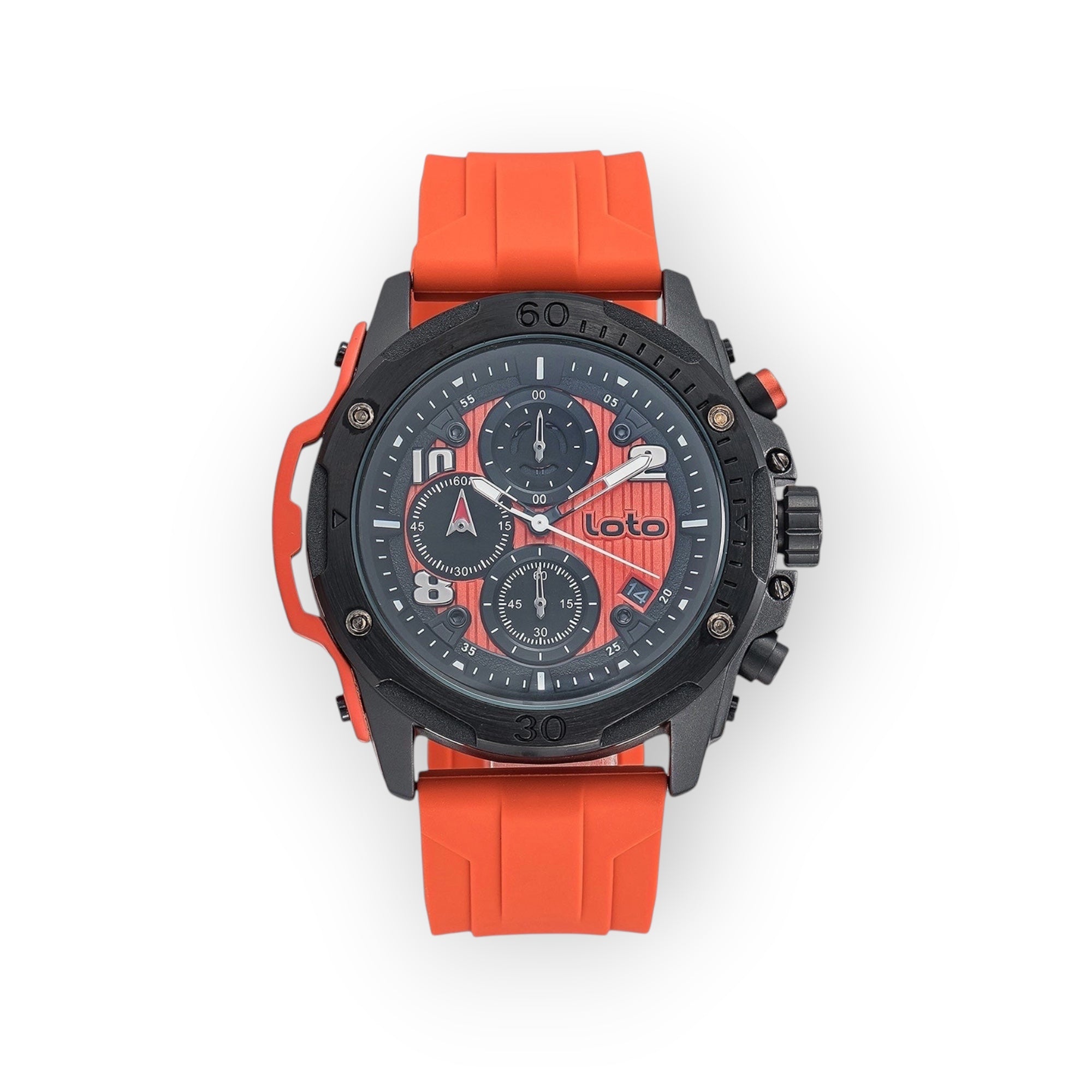Reloj cronógrafo deportivo LOTO COMPANY TRUNDERS 2538 con correa de silicona naranja y esfera texturizada negra.