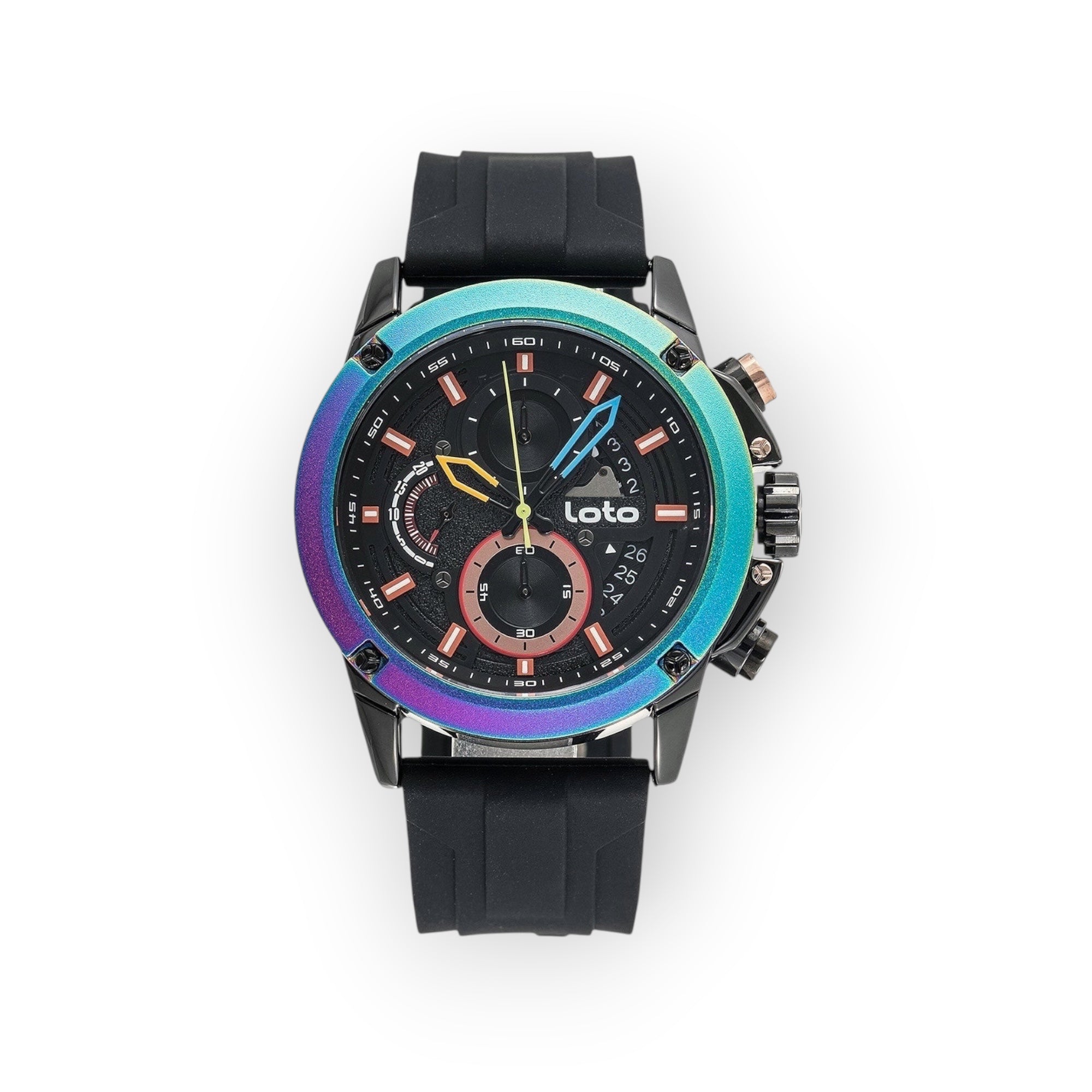 Reloj cronógrafo LOTO COMPANY negro con bisel iridiscente, correa de plástico negra y esfera con subesferas decorativas.