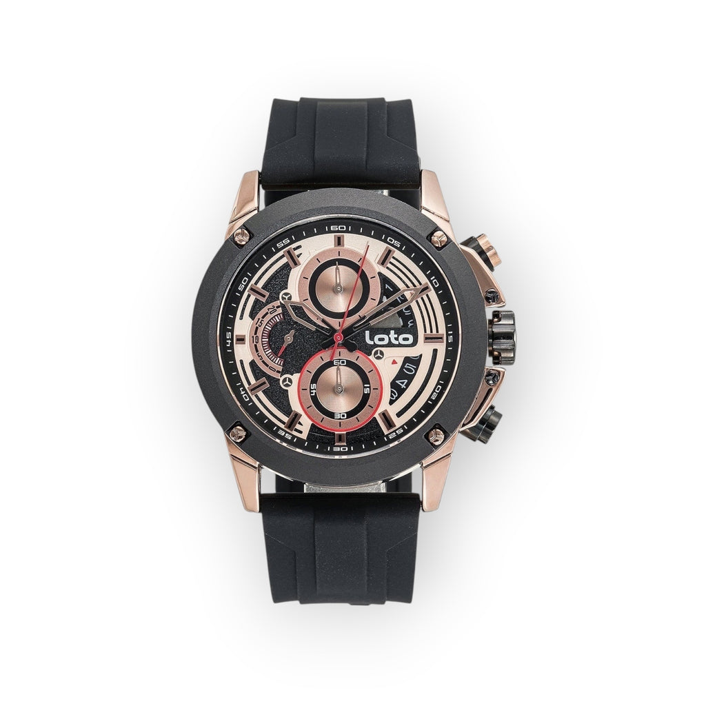 Reloj cronógrafo LOTO COMPANY negro y oro rosa con correa de plástico, esfera multifunción y detalles deportivos.