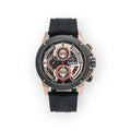 Reloj cronógrafo LOTO COMPANY negro y oro rosa con correa de plástico, esfera multifunción y detalles deportivos.