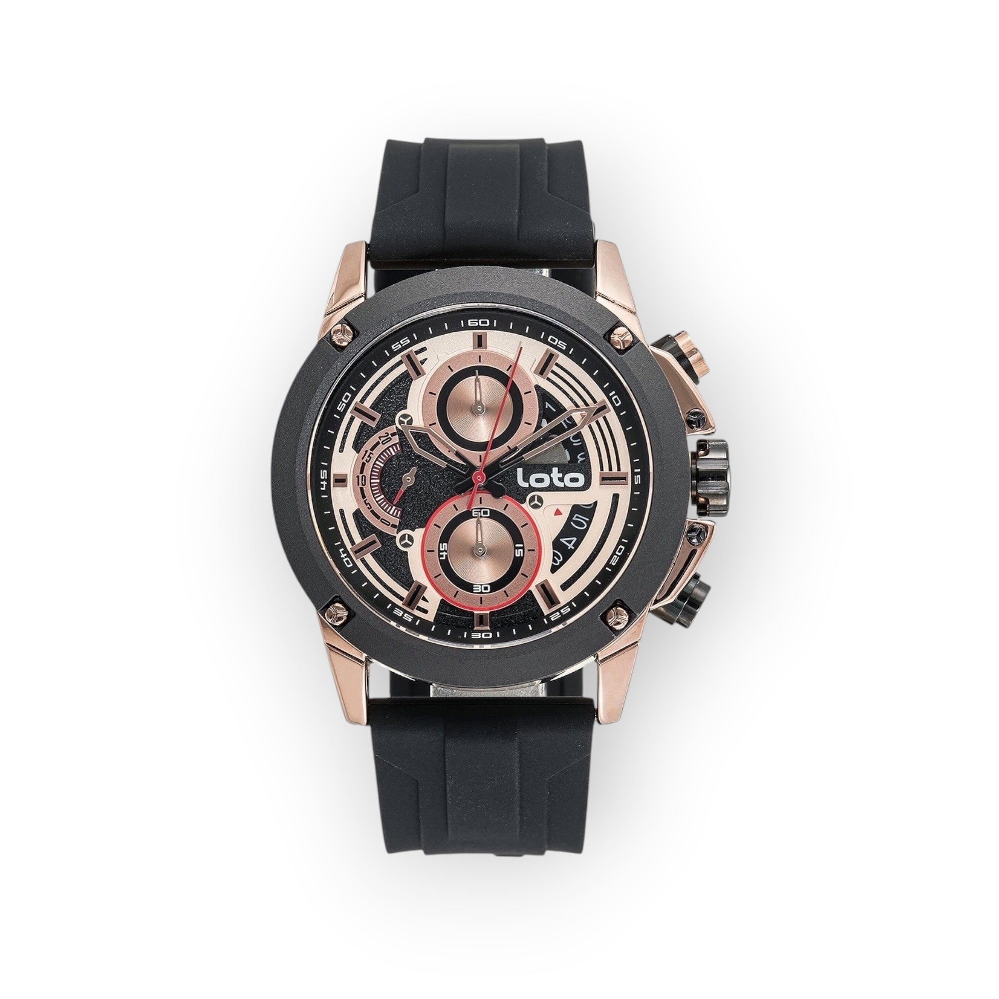 Reloj cronógrafo LOTO COMPANY negro y oro rosa con correa de plástico, esfera multifunción y detalles deportivos.