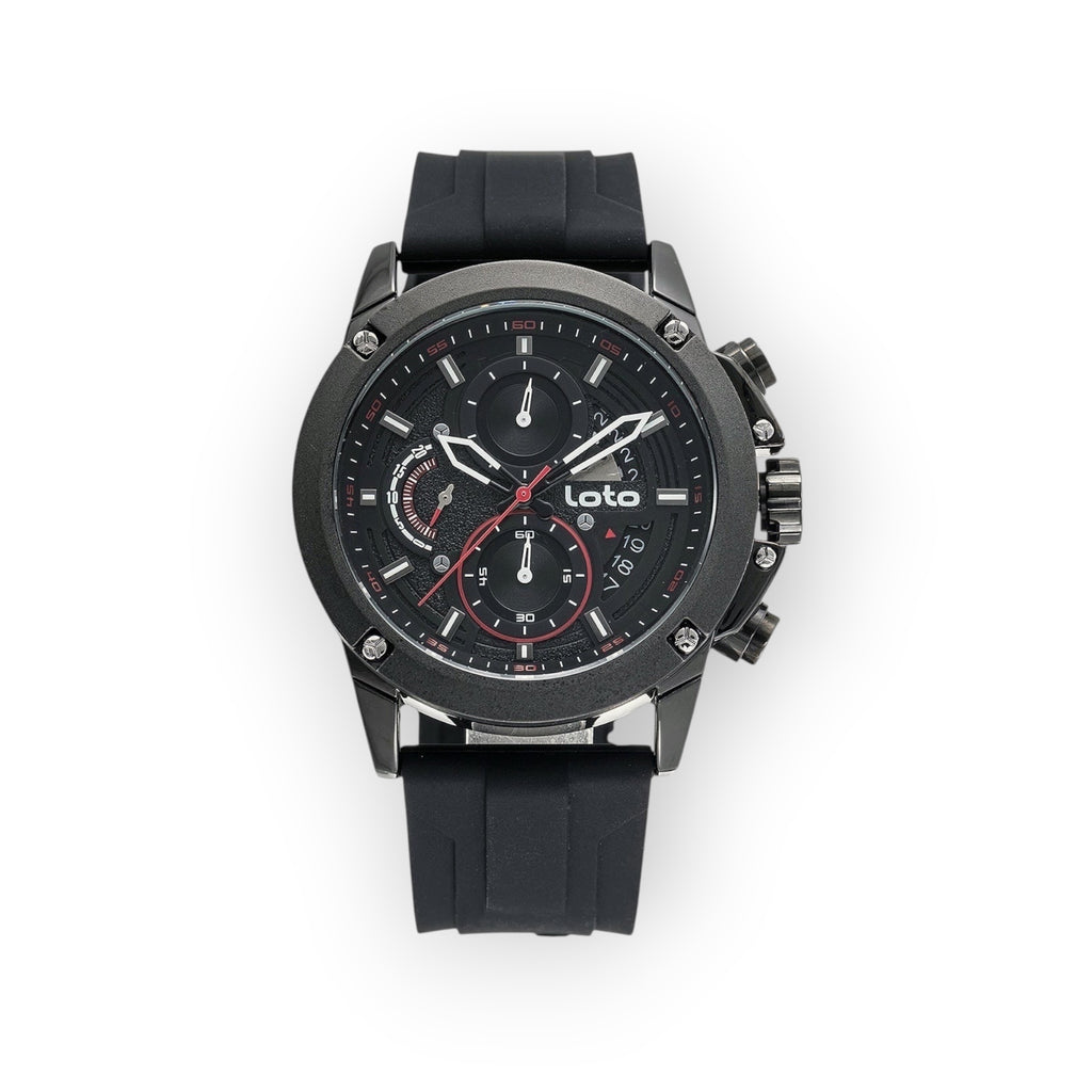 Reloj cronógrafo LOTO COMPANY negro con correa de plástico, subesferas decorativas y detalles rojos. Resistente al agua 3 ATM.