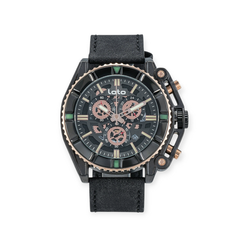 Reloj cronógrafo LOTO COMPANY Arkon 2419 con esfera negra, detalles en oro rosa y correa de cuero negro