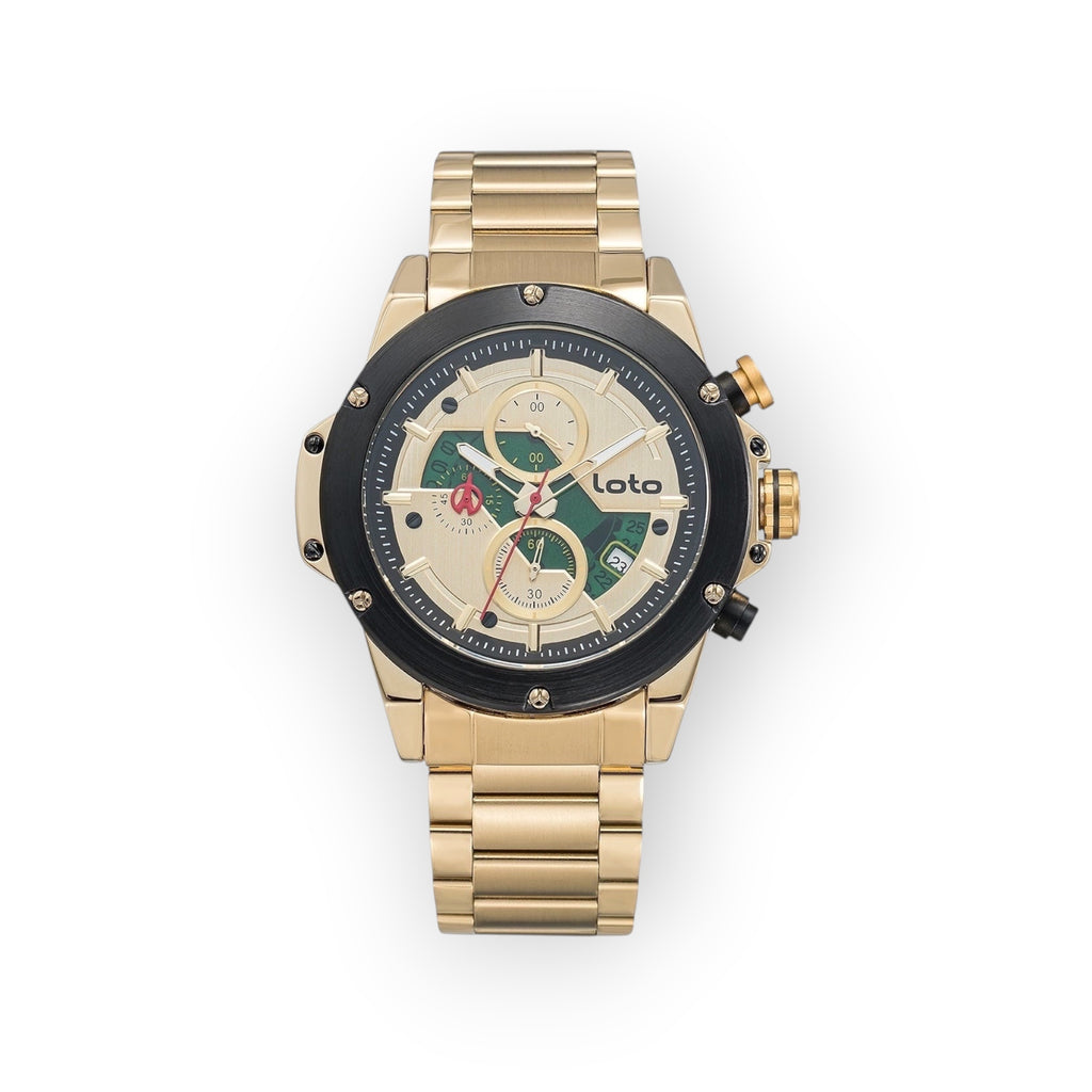 Reloj cronógrafo LOTO COMPANY OBSIDIAN 2531 de acero dorado con esfera verde y negra, diseño robusto y elegante.
