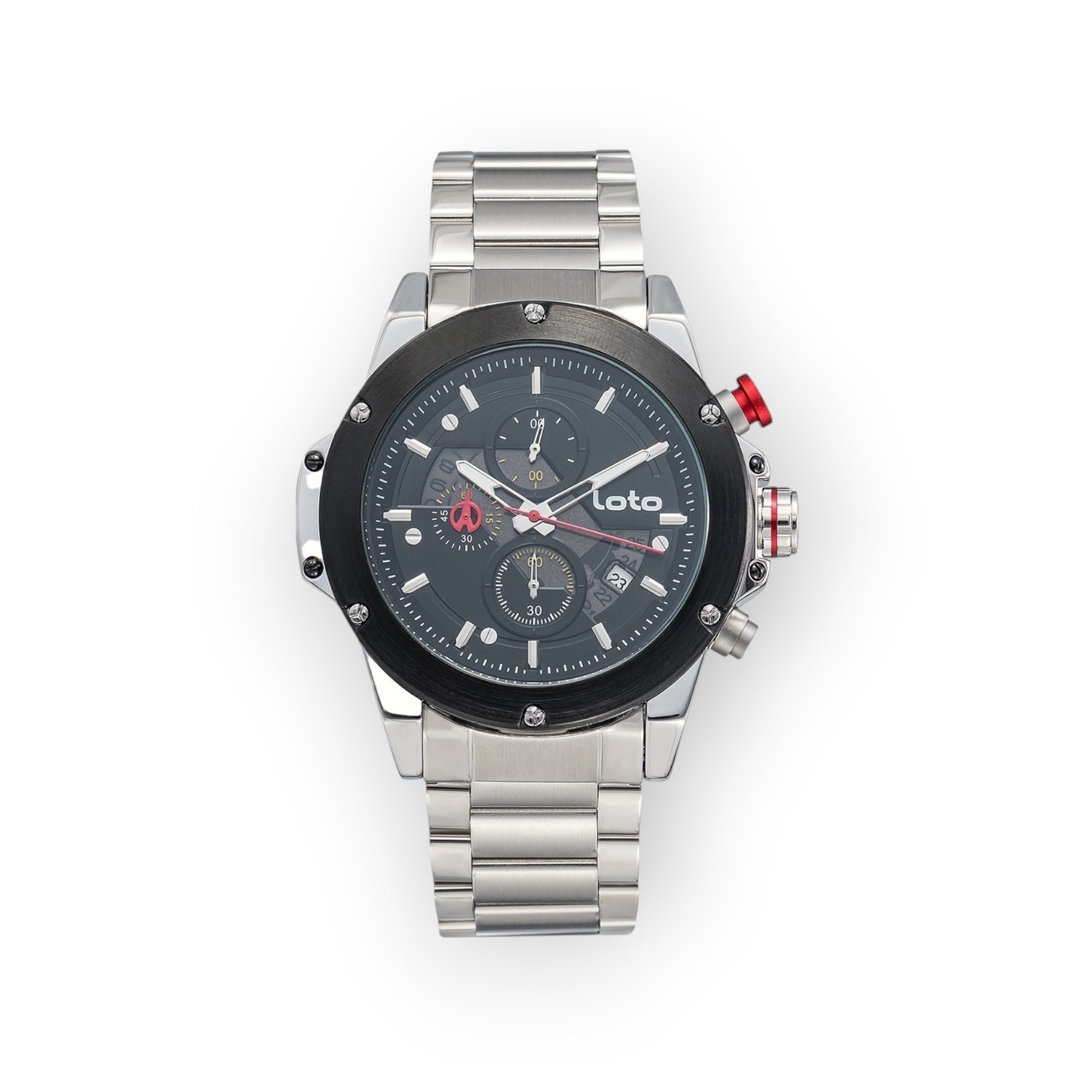 Reloj cronógrafo LOTO COMPANY OBSIDIAN 2531 de acero inoxidable plateado con esfera negra y detalles en rojo.