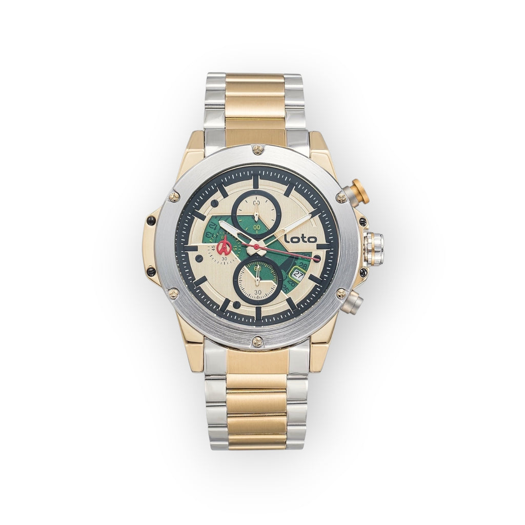 Reloj cronógrafo LOTO COMPANY OBSIDIAN 2531 de acero inoxidable bicolor dorado y plateado con esfera verde y crema.