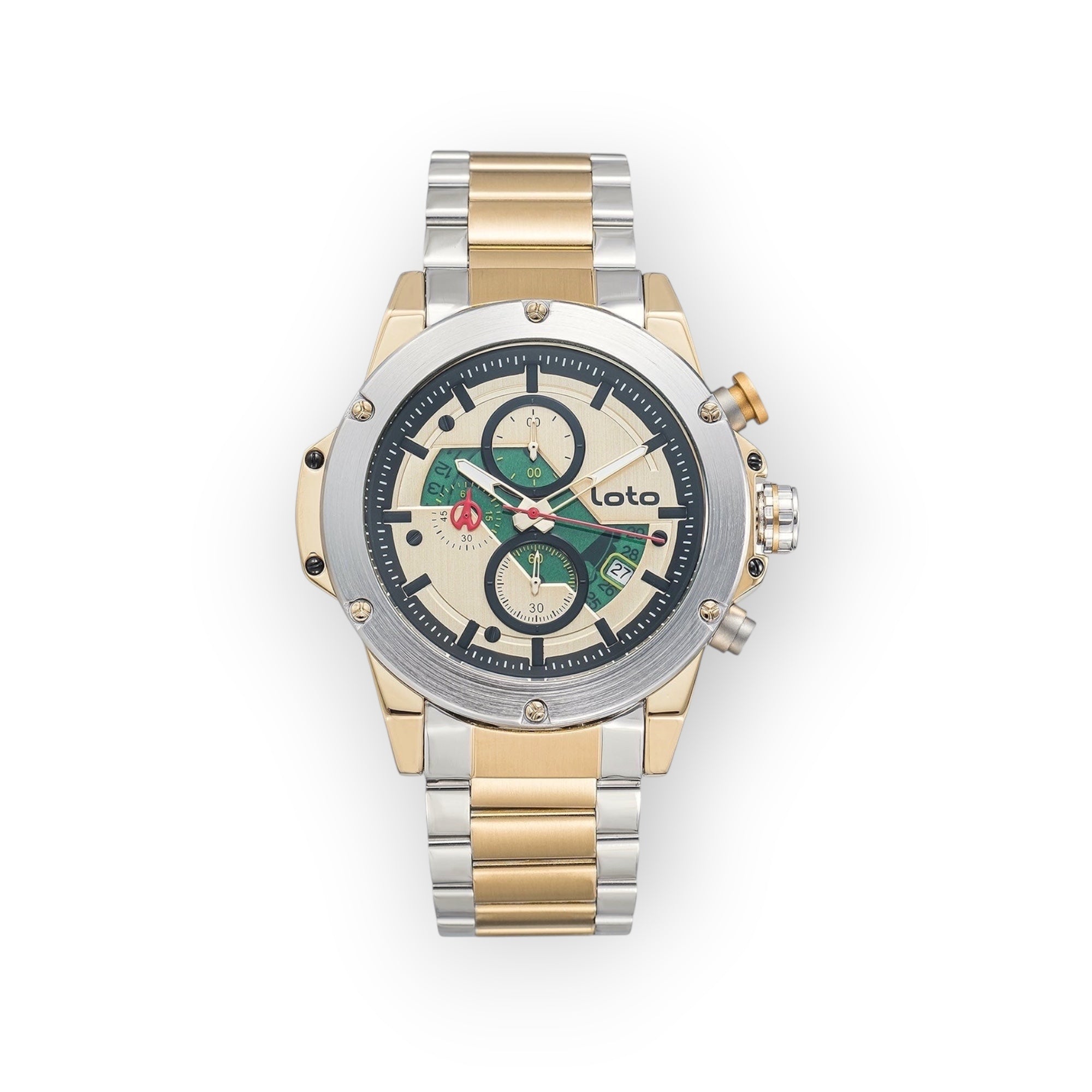 Reloj cronógrafo LOTO COMPANY OBSIDIAN 2531 de acero inoxidable bicolor dorado y plateado con esfera verde y crema.
