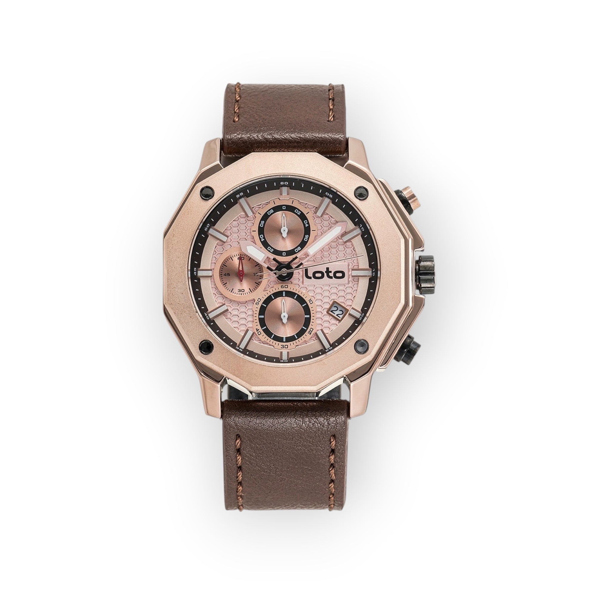 Reloj cronógrafo LOTO COMPANY de acero inoxidable en tono oro rosa con esfera rosa, correa de cuero marrón y detalles plateados y rojos.