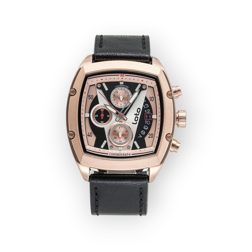 Reloj LOTO COMPANY Loto Apex cronógrafo de cuarzo analógico con caja de oro rosa, esfera negra y correa de cuero negro.