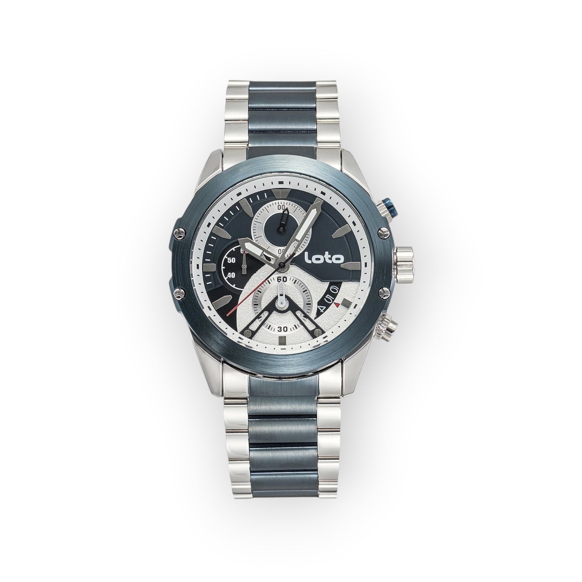 Reloj cronógrafo LOTO COMPANY PHANTOM/2432 con caja y brazalete metálico azul y plateado, esfera negra con subesferas y detalles blancos.