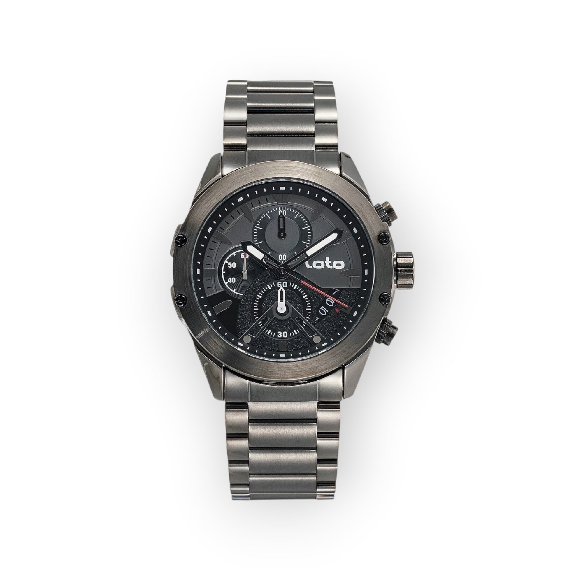 Reloj cronógrafo LOTO COMPANY PHANTOM/2432 de acero inoxidable en tono oscuro con esfera negra, subesferas y brazalete metálico. Diseño deportivo y robusto.
