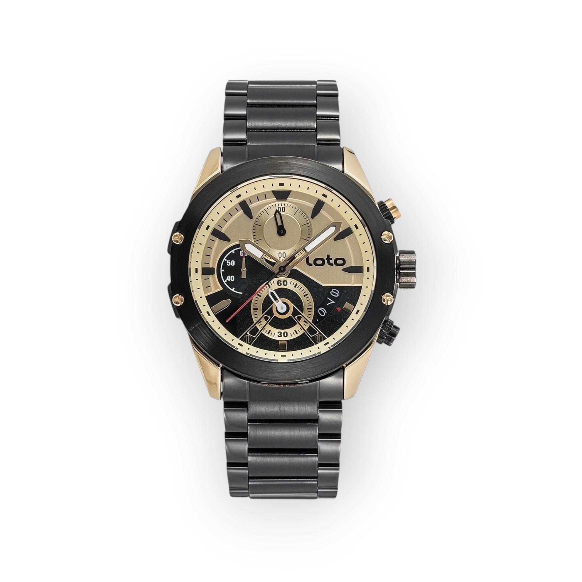 Reloj cronógrafo LOTO COMPANY PHANTOM/2432 con caja y brazalete metálico negro y dorado, esfera dorada con subesferas.