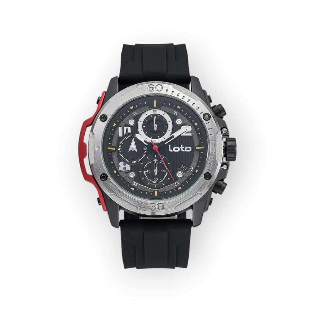 Reloj cronógrafo deportivo LOTO COMPANY TRUNDERS 2538 con correa de silicona negra, esfera multifunción y bisel plateado.