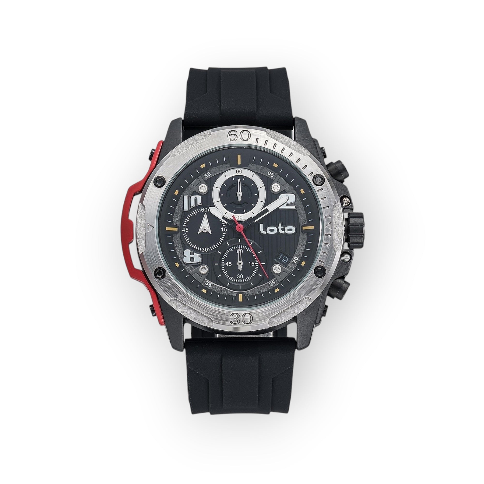 Reloj cronógrafo deportivo LOTO COMPANY TRUNDERS 2538 con correa de silicona negra, esfera multifunción y bisel plateado.