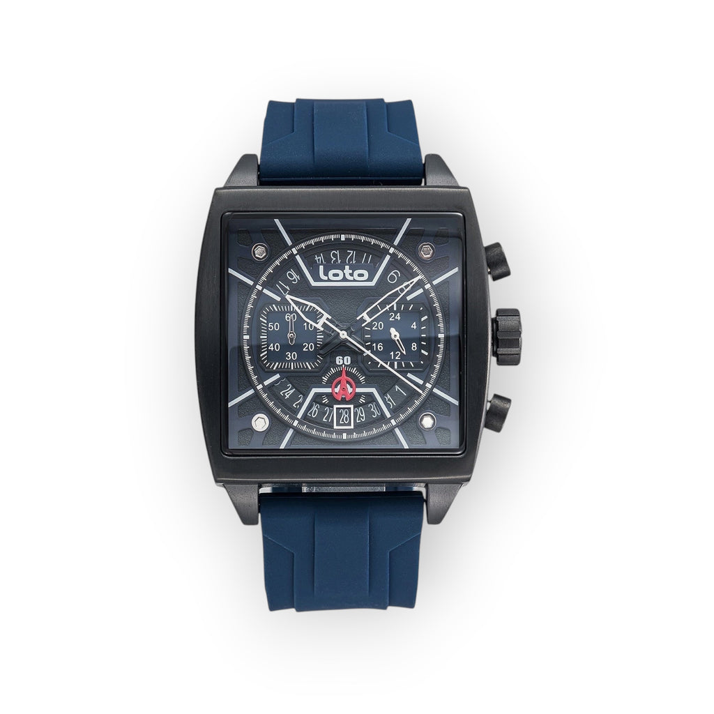 Reloj LOTO COMPANY Lytos 2537 con caja cuadrada negra, esfera multifunción y correa de silicona azul deportiva.