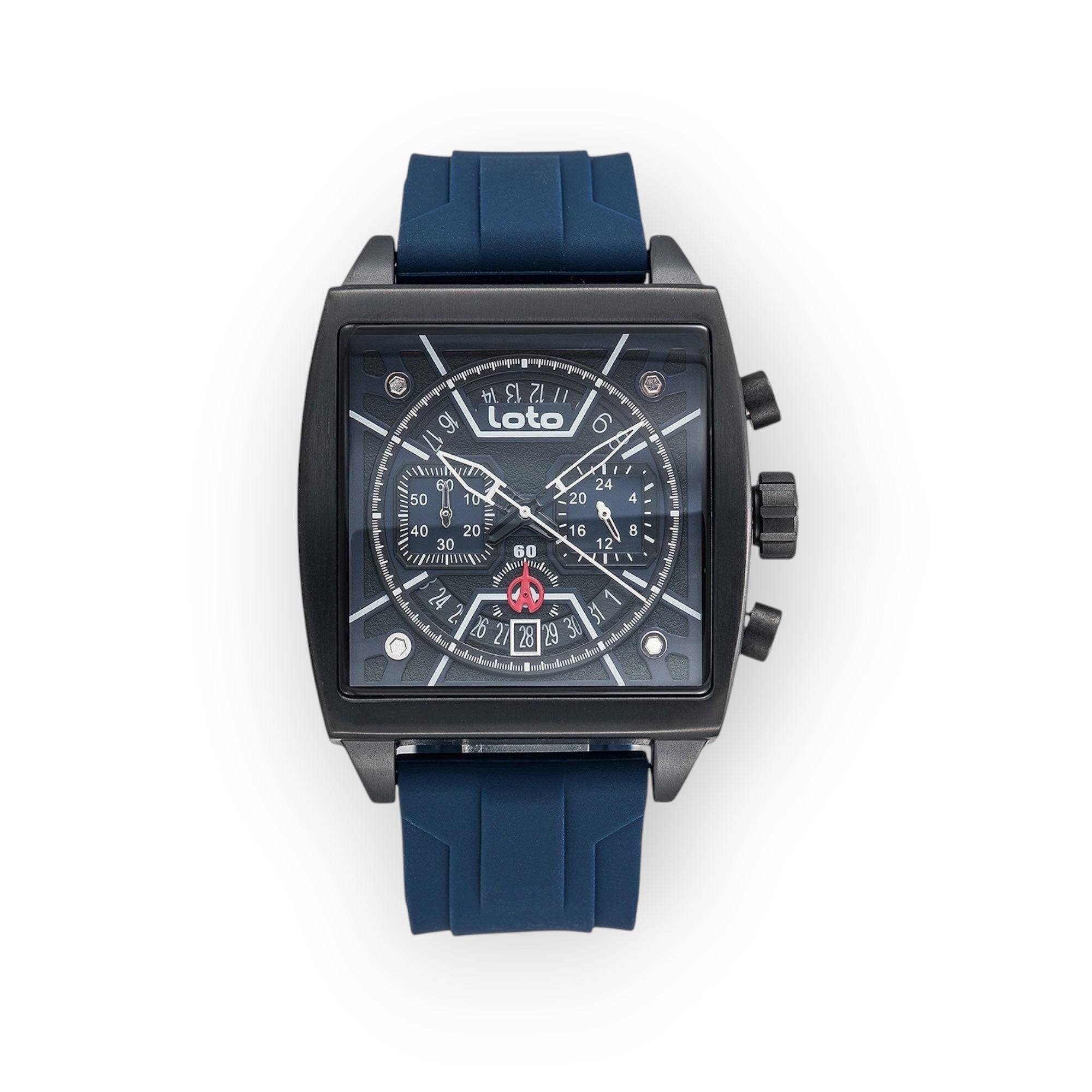 Reloj LOTO COMPANY Lytos 2537 con caja cuadrada negra, esfera multifunción y correa de silicona azul deportiva.