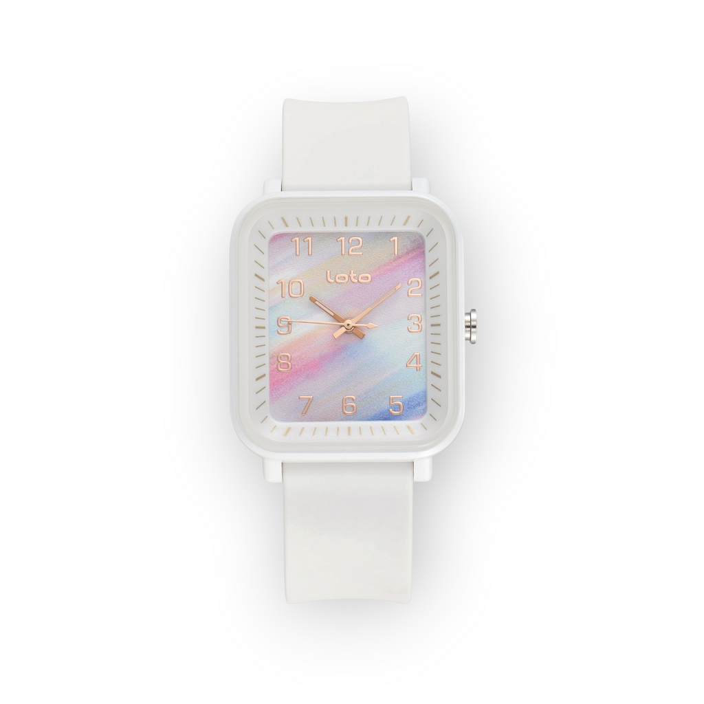 Reloj LOTO COMPANY Orvanex 2603 con caja cuadrada blanca, correa de silicona y esfera multicolor con efecto acuarela.