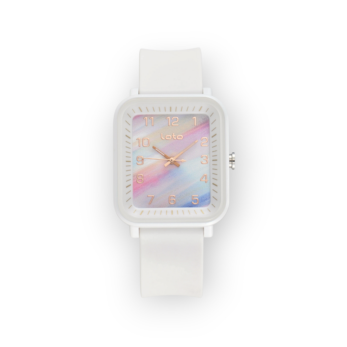 Reloj LOTO COMPANY Orvanex 2603 con caja cuadrada blanca, correa de silicona y esfera multicolor con efecto acuarela.