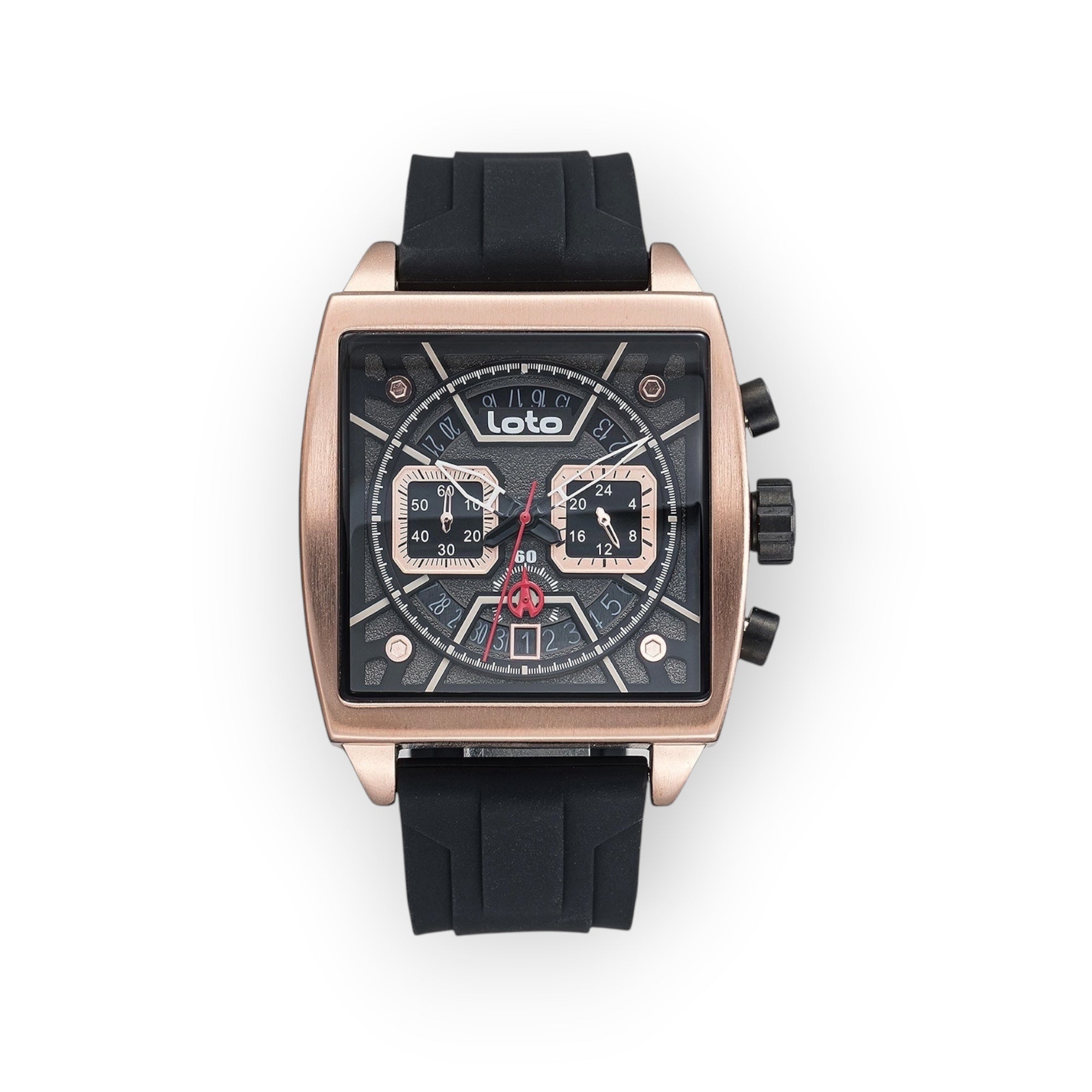 Reloj LOTO COMPANY Lytos 2537 con caja cuadrada de metal oro rosa, esfera negra multifunción y correa de silicona.