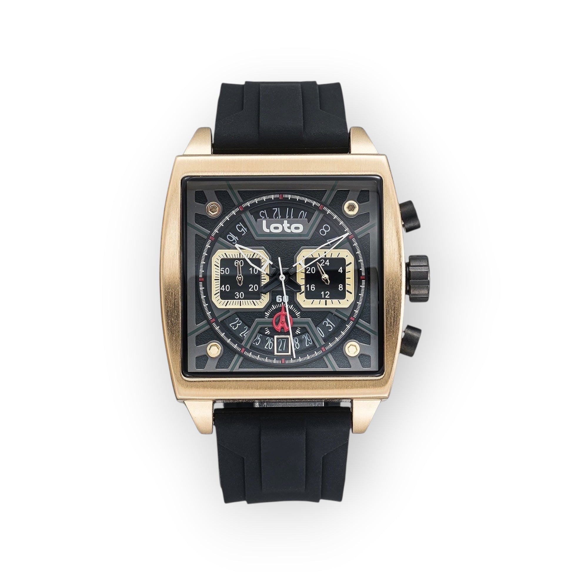 Reloj LOTO COMPANY Lytos 2537 con caja cuadrada dorada, esfera negra multifunción y correa de silicona negra.