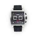 Reloj LOTO COMPANY Lytos 2537 con caja cuadrada plateada, esfera negra con detalles rojos y correa de silicona negra.