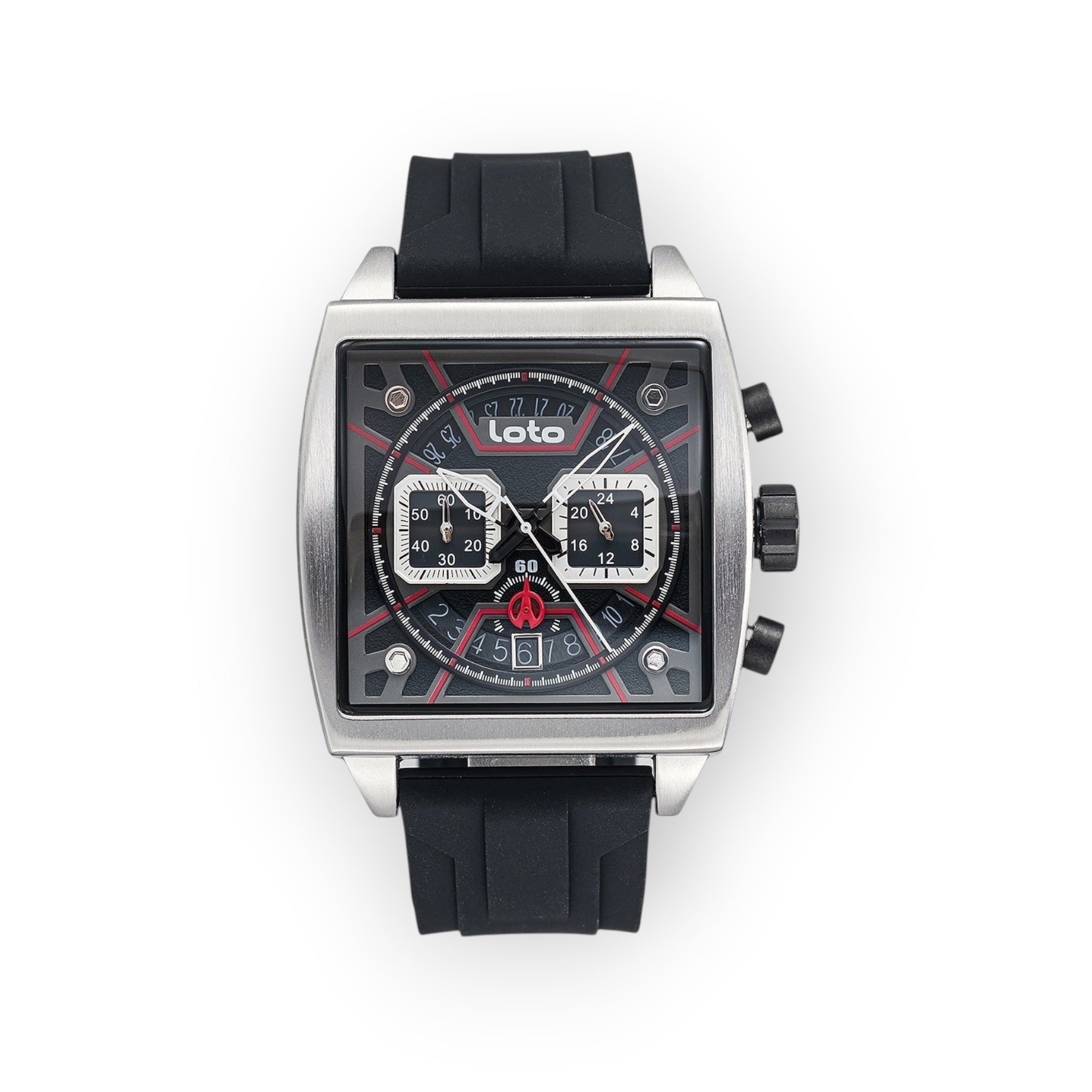 Reloj LOTO COMPANY Lytos 2537 con caja cuadrada plateada, esfera negra con detalles rojos y correa de silicona negra.