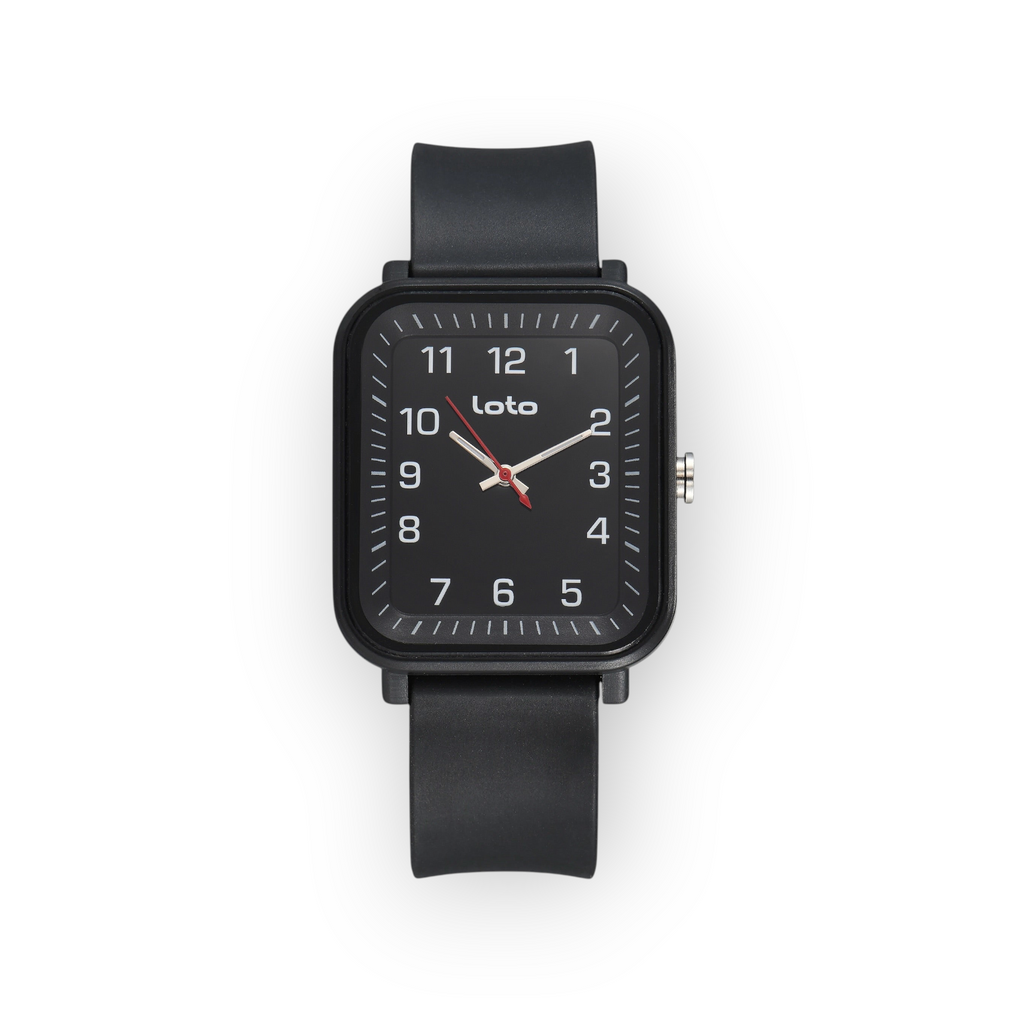 Reloj LOTO COMPANY Orvanex 2603 con caja cuadrada negra, esfera minimalista y correa de silicona a juego