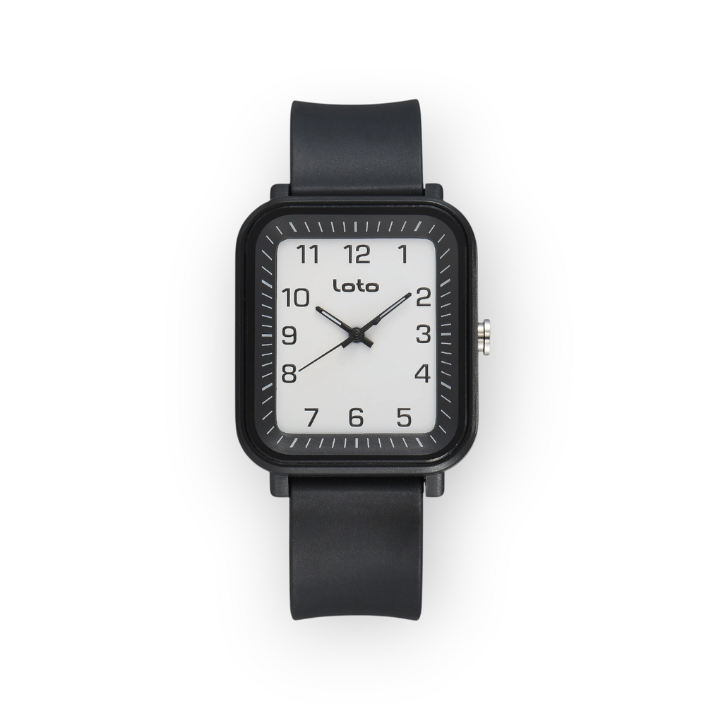 Reloj LOTO COMPANY Orvanex 2603 con caja cuadrada negra, esfera blanca y correa de silicona negra