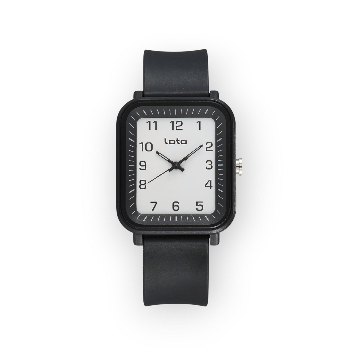 Reloj LOTO COMPANY Orvanex 2603 con caja cuadrada negra, esfera blanca y correa de silicona negra