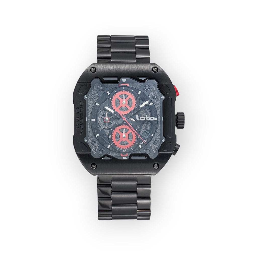 Reloj LOTO COMPANY CYBER 2535 de acero negro con esfera esqueletizada, detalles en rojo y diseño industrial futurista.