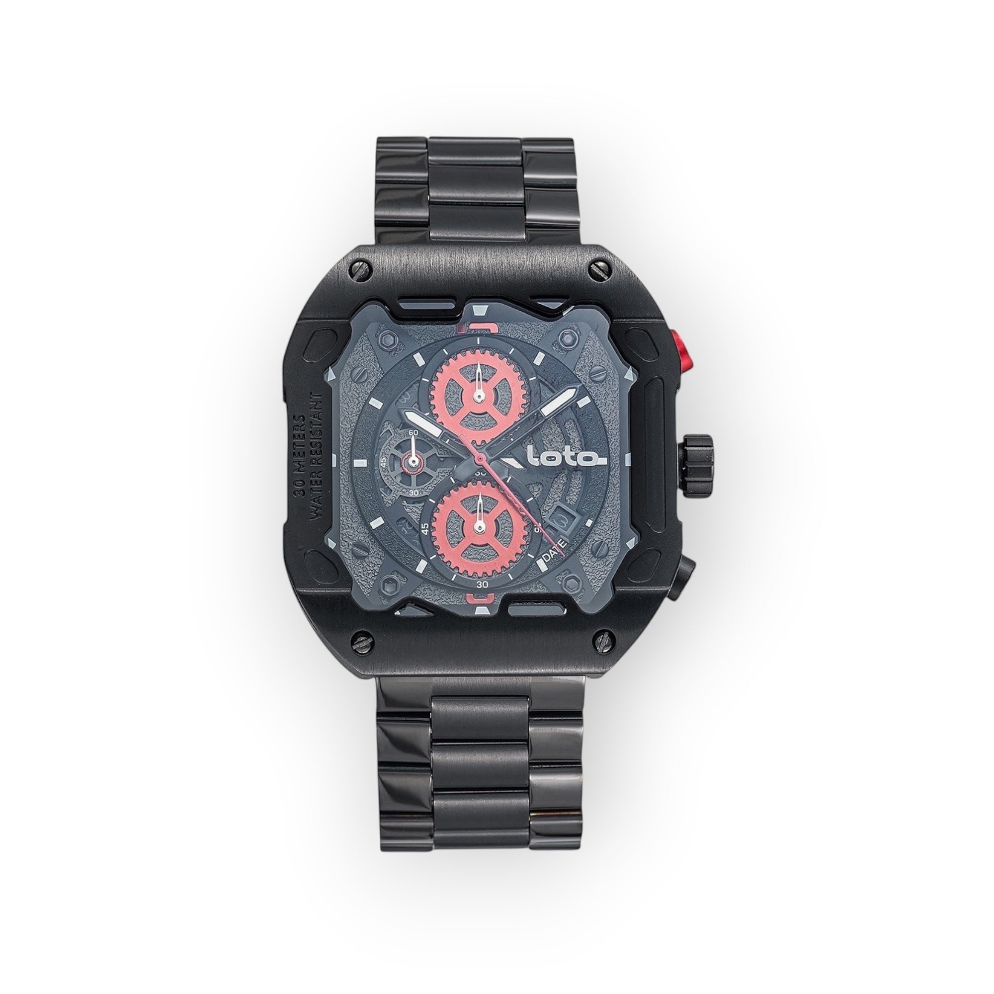Reloj LOTO COMPANY CYBER 2535 de acero negro con esfera esqueletizada, detalles en rojo y diseño industrial futurista.