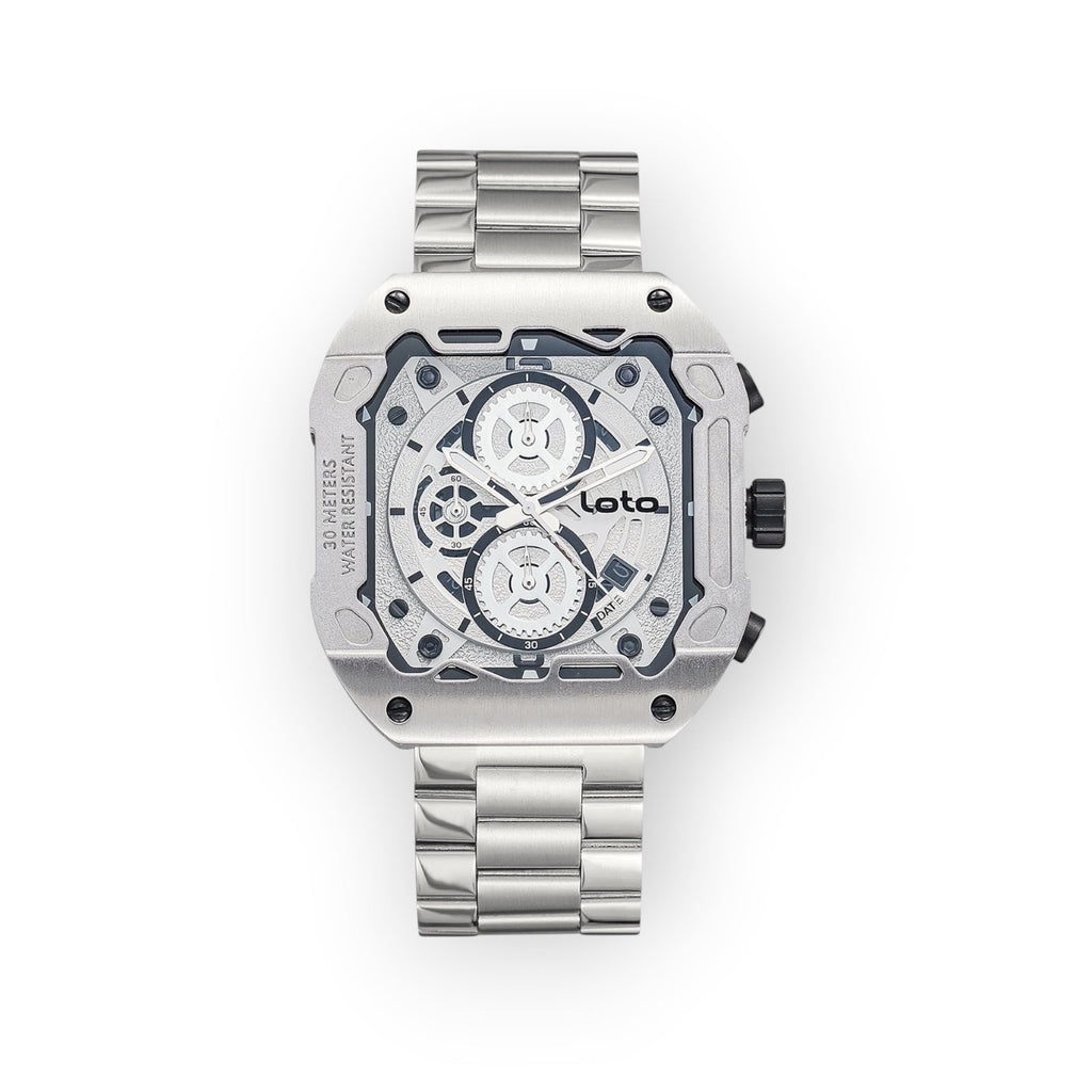 Reloj LOTO COMPANY CYBER 2535 de acero inoxidable con diseño geométrico, esfera técnica y estilo futurista industrial.