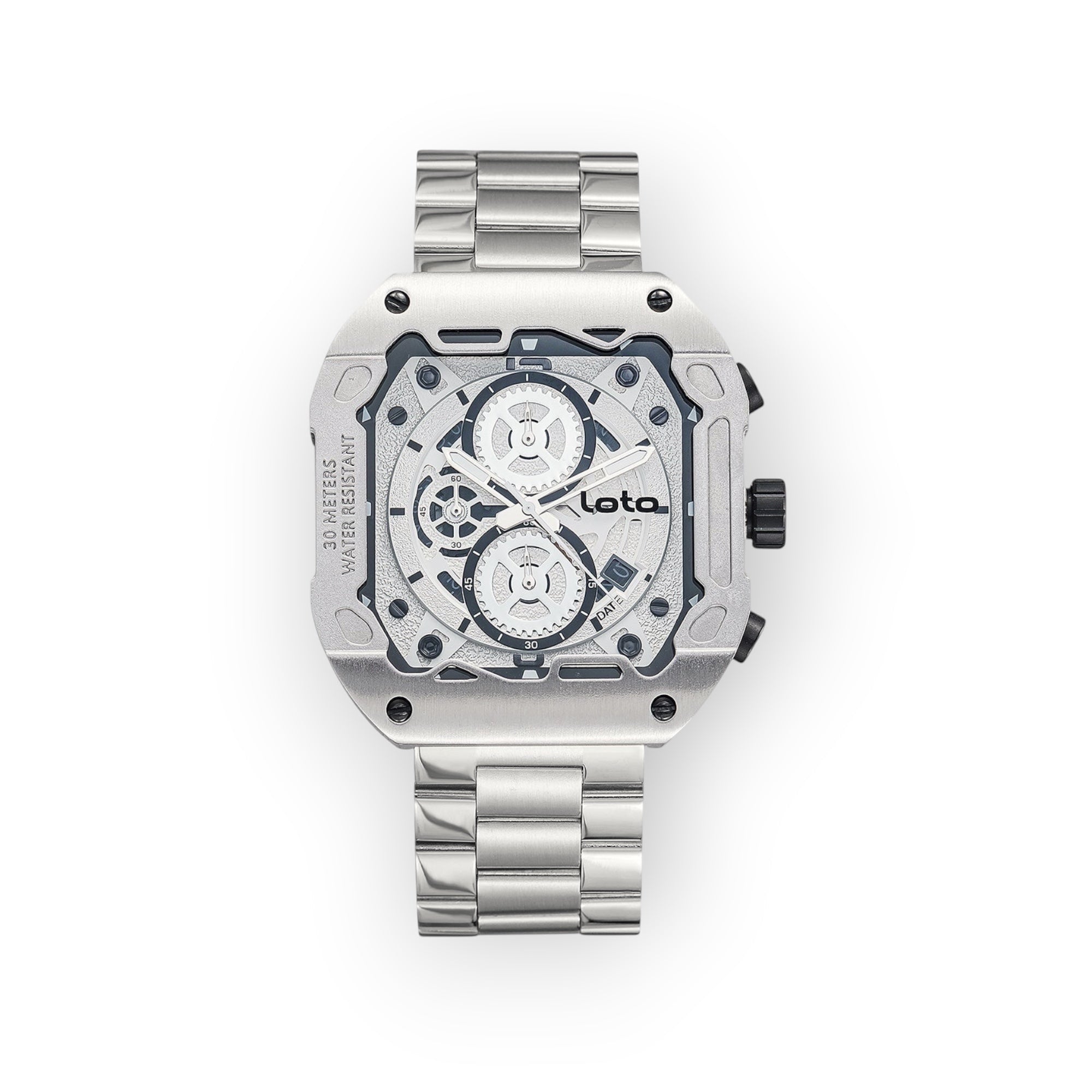 Reloj LOTO COMPANY CYBER 2535 de acero inoxidable con diseño geométrico, esfera técnica y estilo futurista industrial.