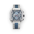 Reloj LOTO COMPANY CYBER 2535 de acero inoxidable con diseño geométrico, esfera esqueletizada y correa bicolor.