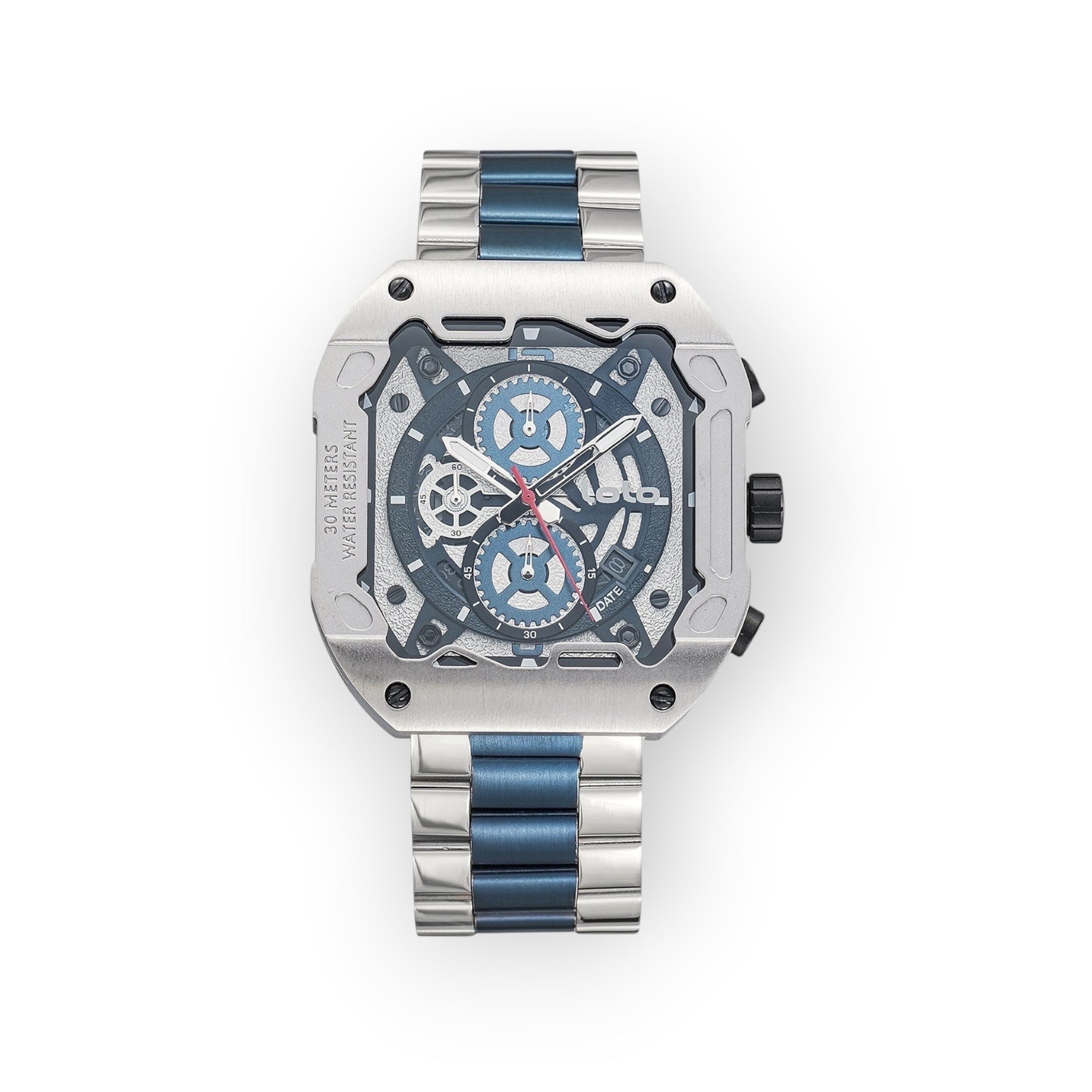 Reloj LOTO COMPANY CYBER 2535 de acero inoxidable con diseño geométrico, esfera esqueletizada y correa bicolor.