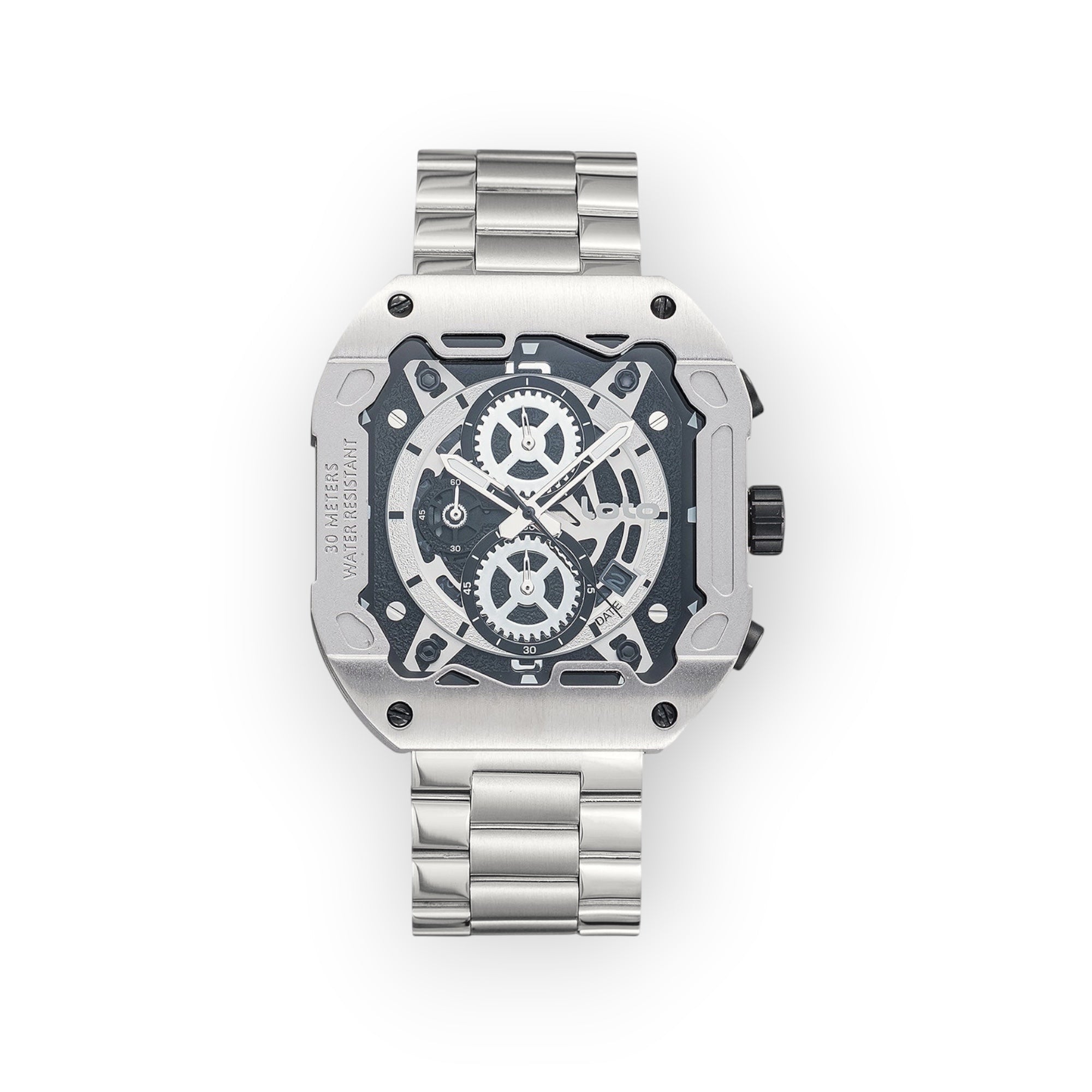 Reloj LOTO COMPANY CYBER 2535 de acero inoxidable con esfera esqueletizada y diseño industrial futurista.