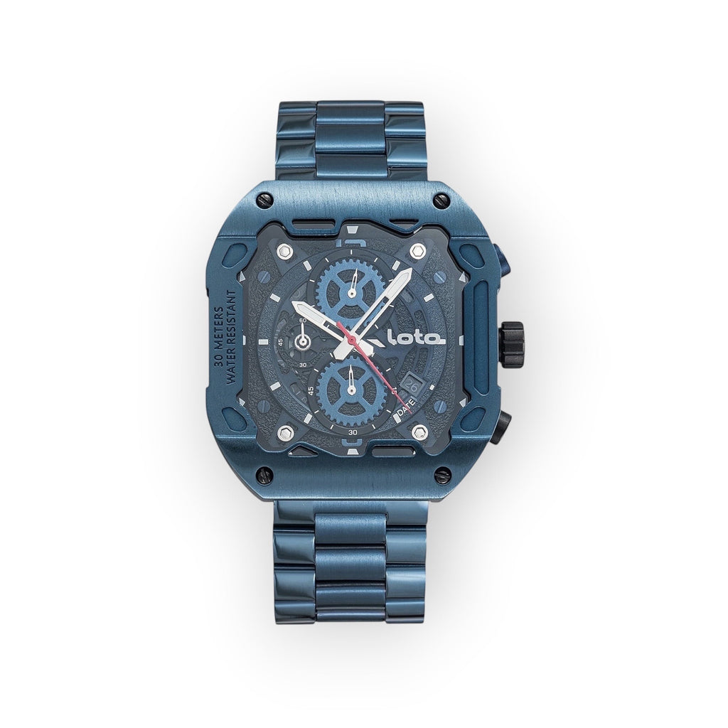 Reloj LOTO COMPANY CYBER 2535 azul de acero inoxidable con diseño geométrico, esfera esqueletizada y estilo futurista.