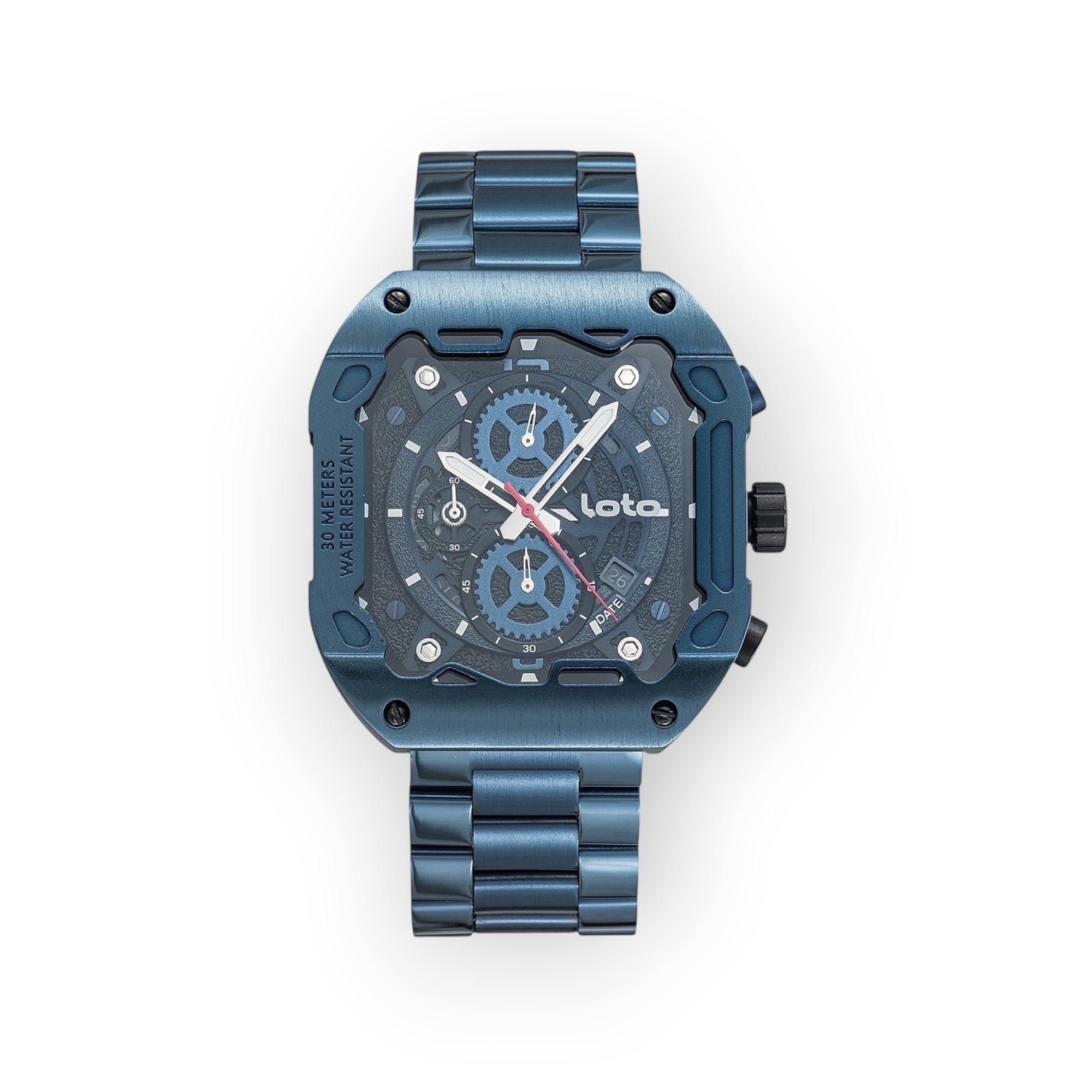 Reloj LOTO COMPANY CYBER 2535 azul de acero inoxidable con diseño geométrico, esfera esqueletizada y estilo futurista.