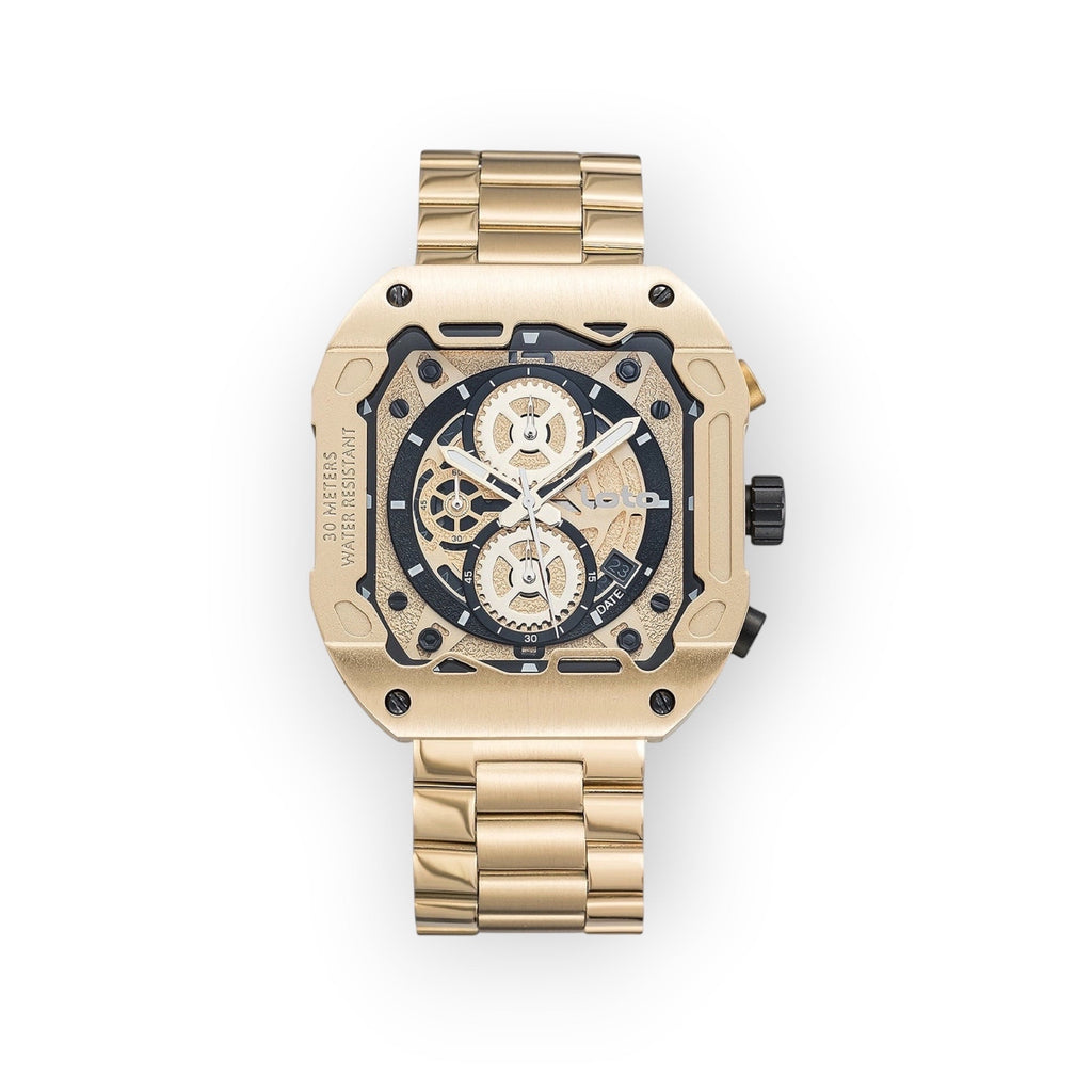 Reloj LOTO COMPANY CYBER 2535 dorado con caja geométrica, esfera esqueletizada y correa de acero inoxidable.