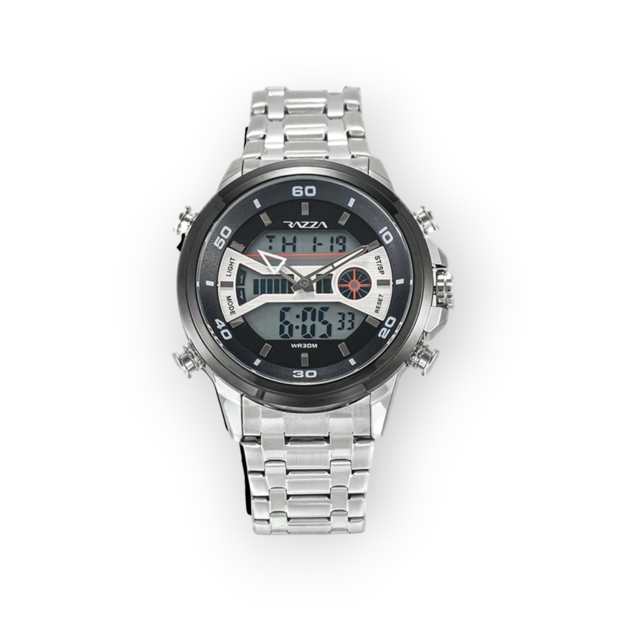 Reloj analógico-digital LOTO COMPANY Cyrus 31080 de acero inoxidable plateado con esfera multifunción negra.