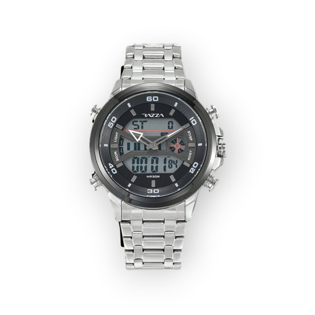 Reloj analógico-digital LOTO COMPANY Cyrus 31080 de acero inoxidable plateado con esfera negra multifunción.