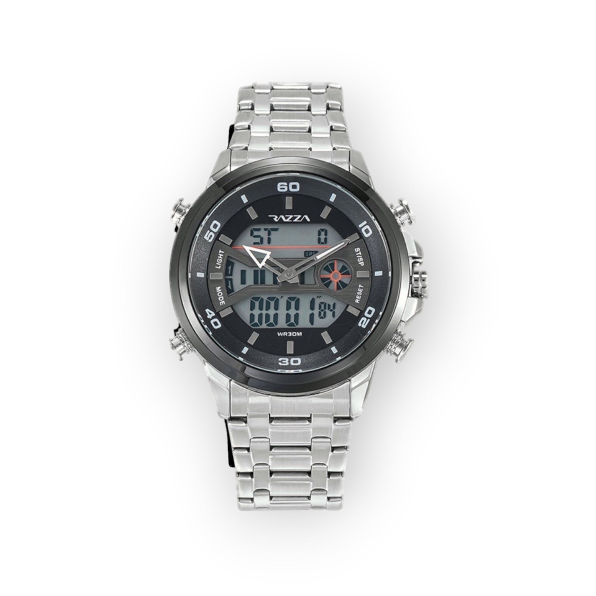 Reloj analógico-digital LOTO COMPANY Cyrus 31080 de acero inoxidable plateado con esfera negra multifunción.