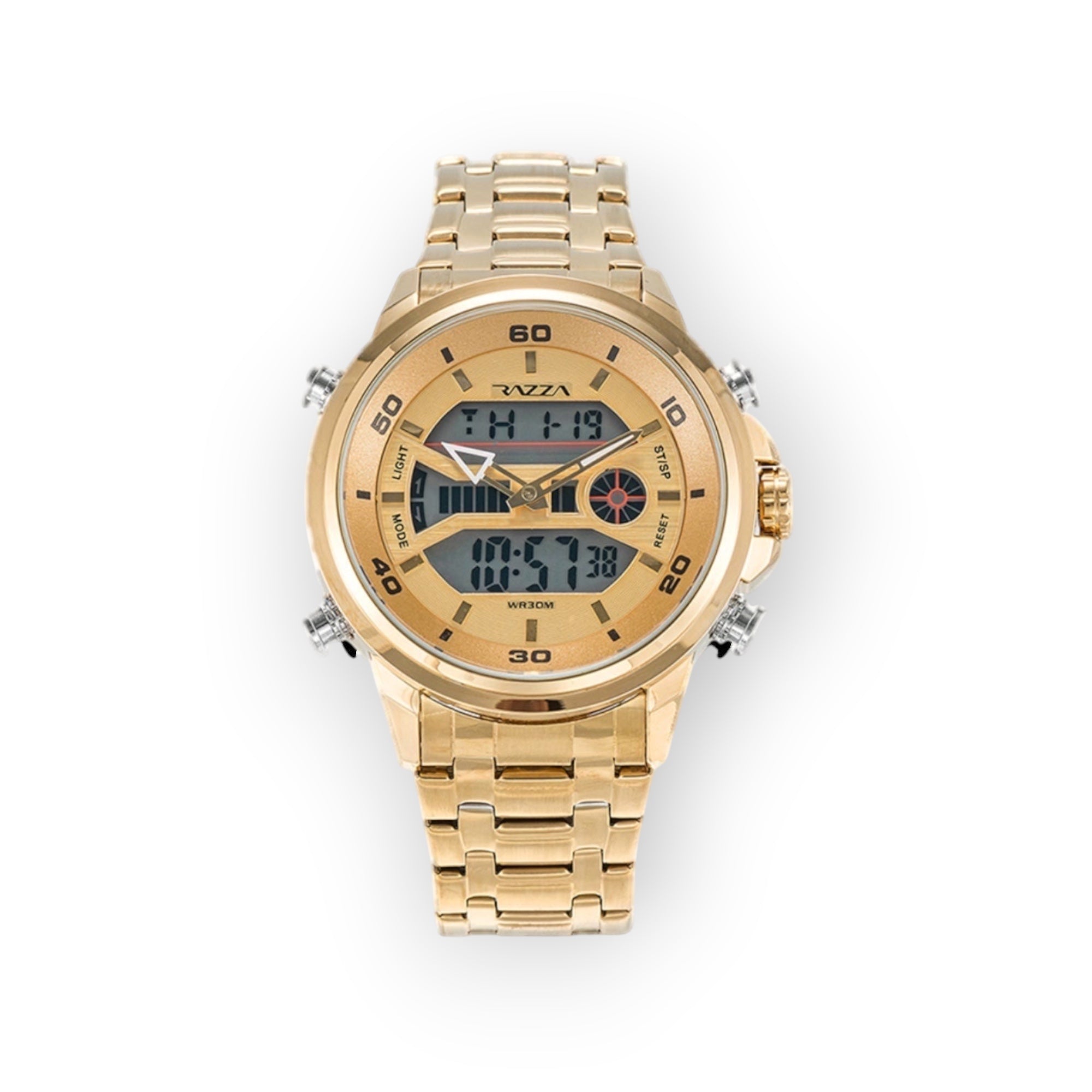 Reloj analógico-digital LOTO COMPANY Cyrus 31080 dorado de acero inoxidable con esfera multifunción y diseño robusto.