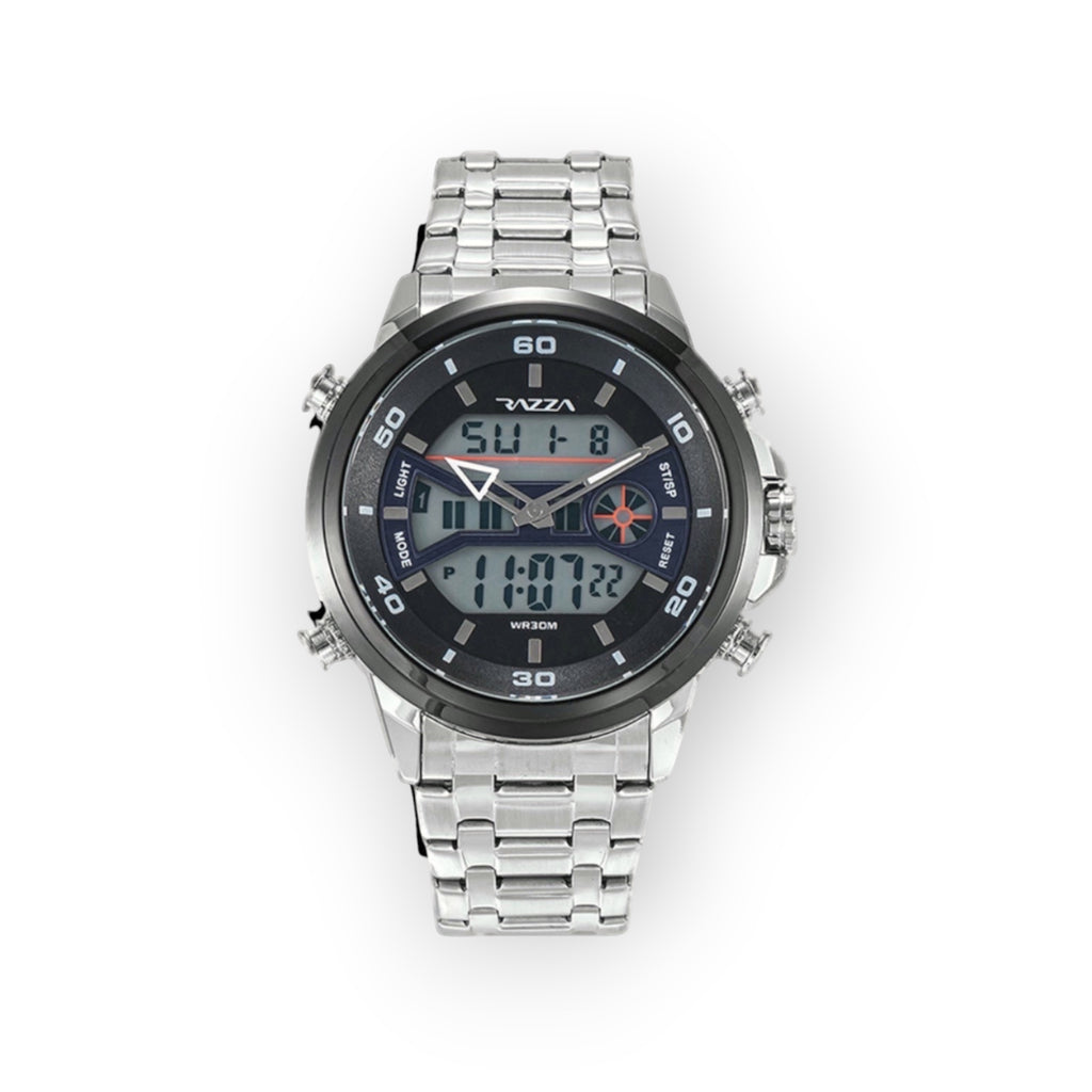 Reloj LOTO COMPANY Cyrus 31080 analógico-digital de acero inoxidable plateado con esfera negra y resistencia al agua.