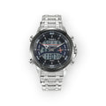 Reloj LOTO COMPANY Cyrus 31080 analógico-digital de acero inoxidable plateado con esfera negra y resistencia al agua.